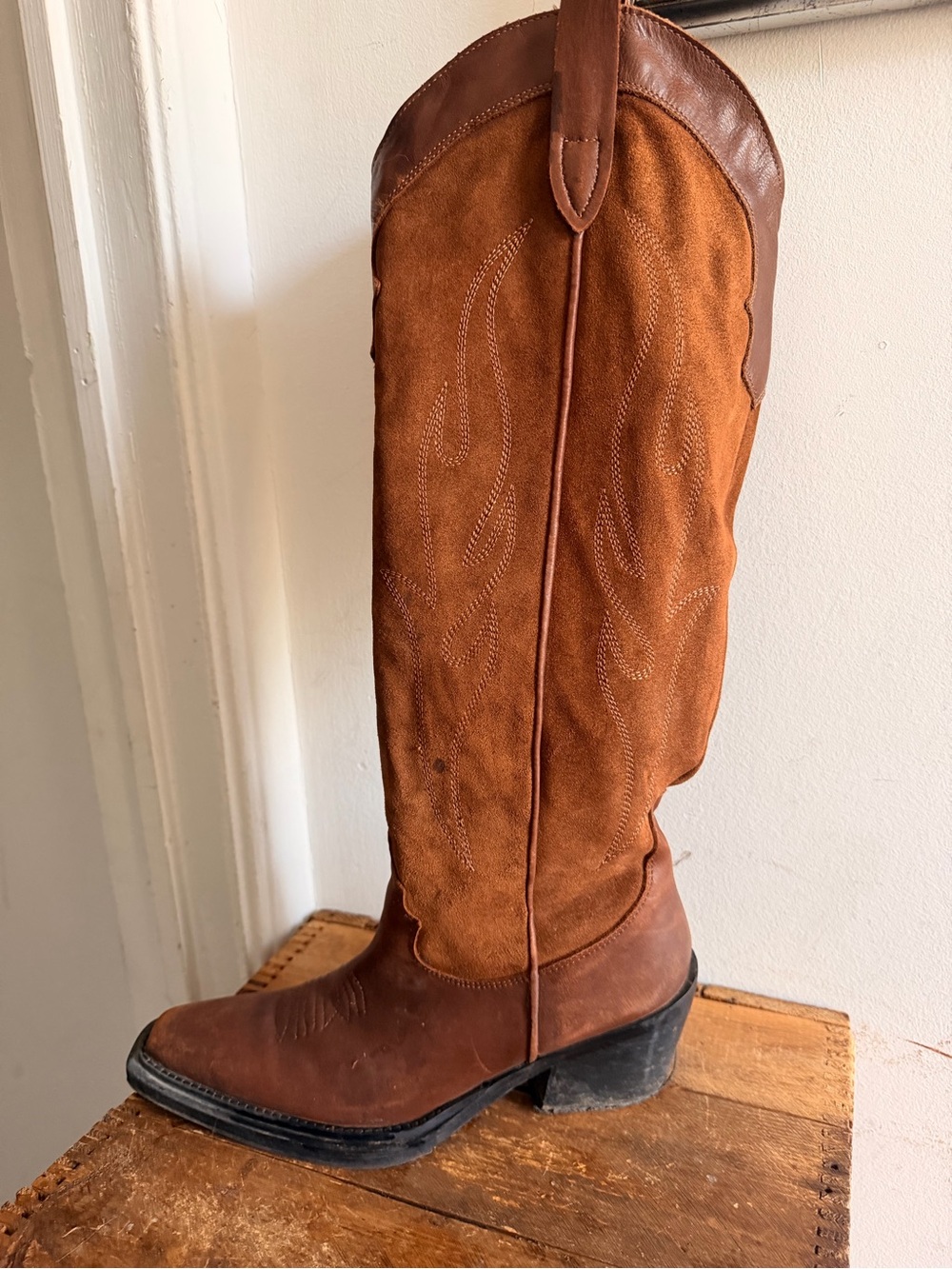 Simons Brown Suede & Leather Knee-High Western Heeled Boots